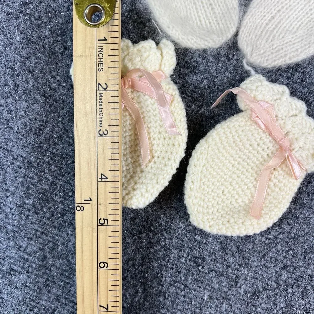 Vintage Baby Knit Bonnet & Booties Set Pink Handmade Crochet Ribbon 1950s